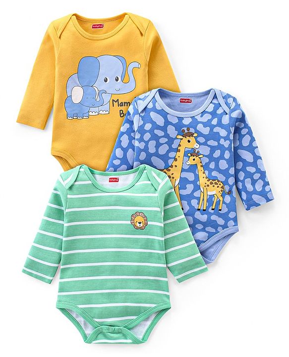 Babyhug 100% Cotton Full Sleeves Onesies Animal Print Pack of 3 - Multicolour