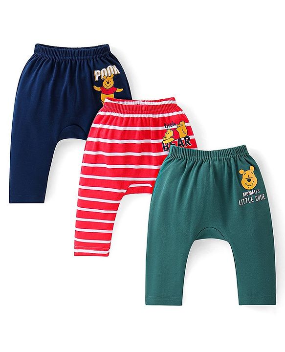 Babyhug Disney Full Length Interlock Diaper Leggings With Winnie the Pooh Graphics Pack of 3 - Navy Red & Dark Green