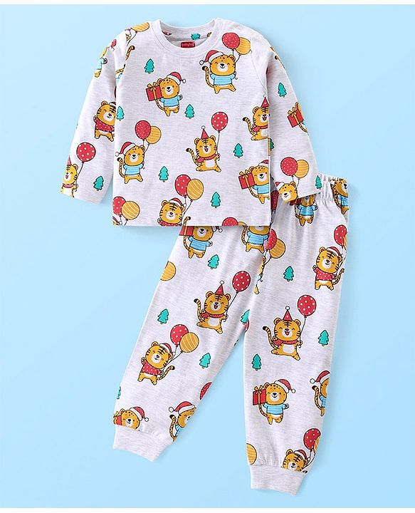 Babyhug Cotton Knit Full Sleeves Night Suit With Tiger Print - Light Grey