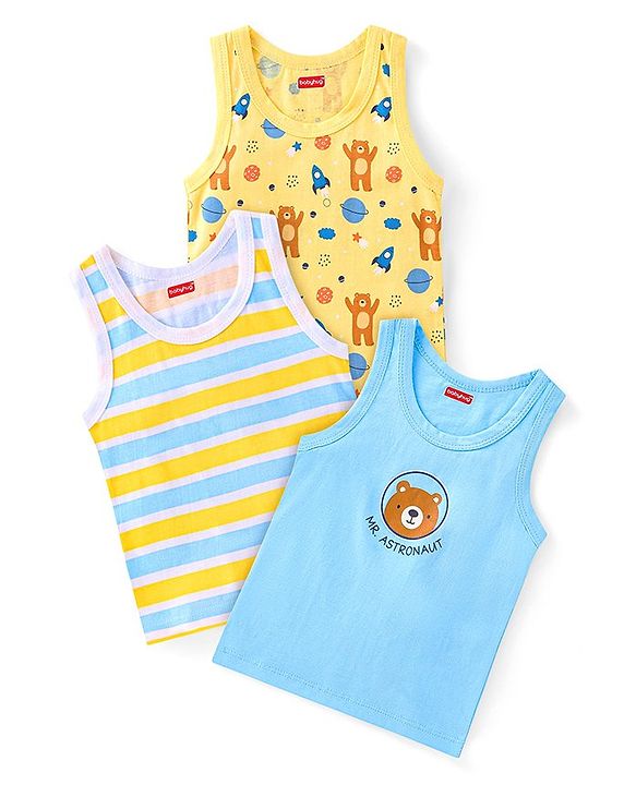 Babyhug 100% Cotton Knit Sleeveless Sandos with Stripes & Animal Print Pack of 3 - Yellow & Blue
