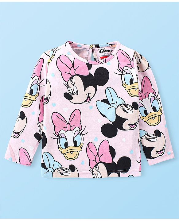 Babyhug Disney Cotton Knit Full Sleeves Night Suit with Minnie Mouse and Friends Print - Pink