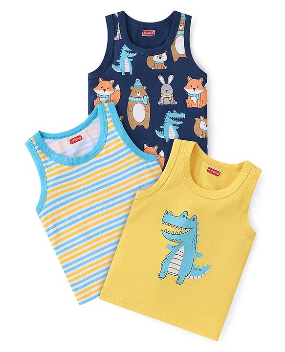 Babyhug 100% Cotton Single Jersey Knit Sleeveless Sandos with Stripes & Dino Print Pack of 3 - Yellow & Blue