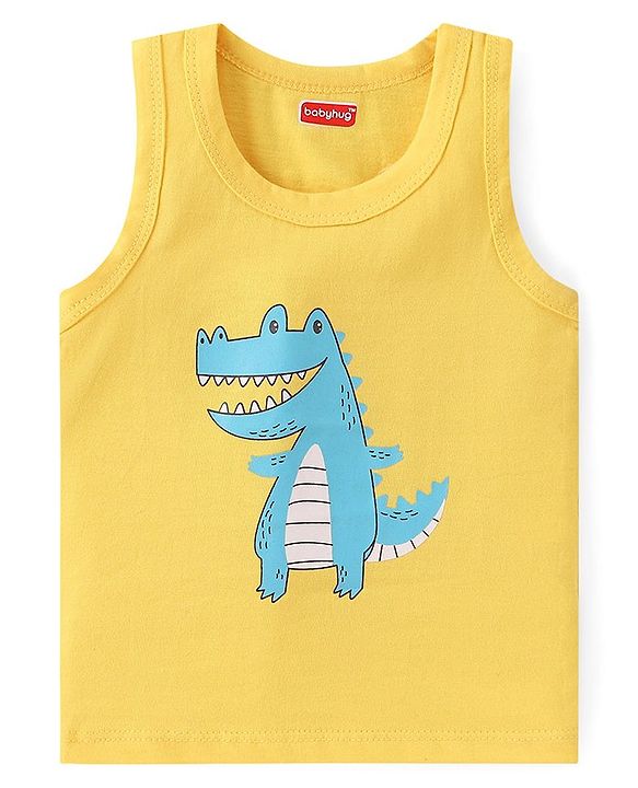 Babyhug 100% Cotton Single Jersey Knit Sleeveless Sandos with Stripes & Dino Print Pack of 3 - Yellow & Blue