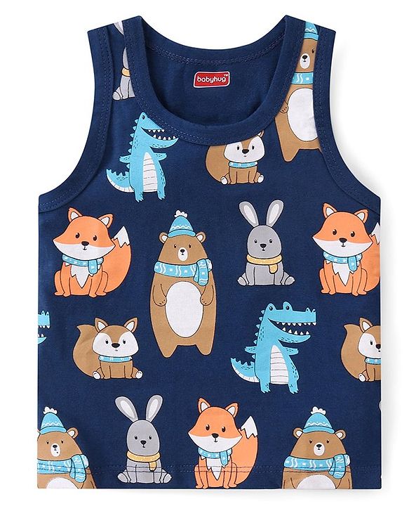 Babyhug 100% Cotton Single Jersey Knit Sleeveless Sandos with Stripes & Dino Print Pack of 3 - Yellow & Blue