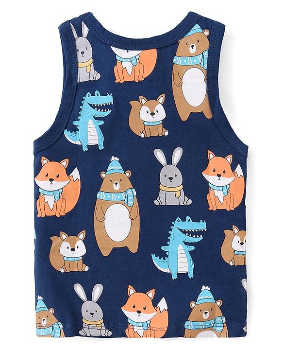 Babyhug 100% Cotton Single Jersey Knit Sleeveless Sandos with Stripes & Dino Print Pack of 3 - Yellow & Blue