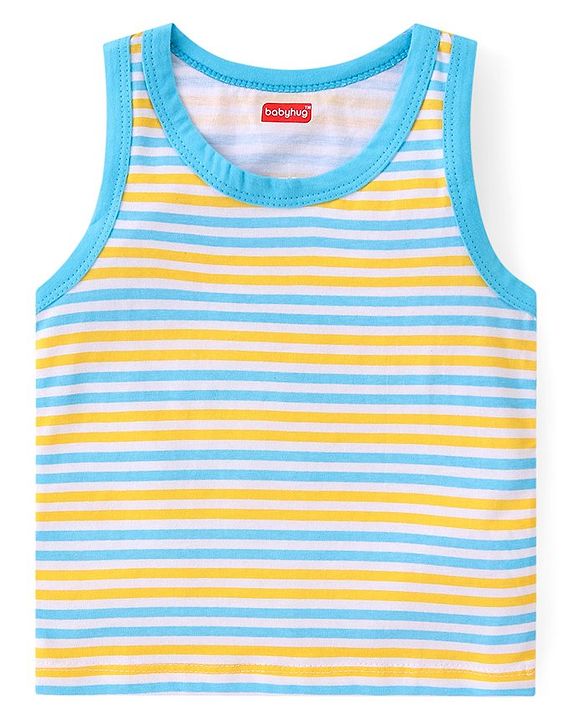 Babyhug 100% Cotton Single Jersey Knit Sleeveless Sandos with Stripes & Dino Print Pack of 3 - Yellow & Blue