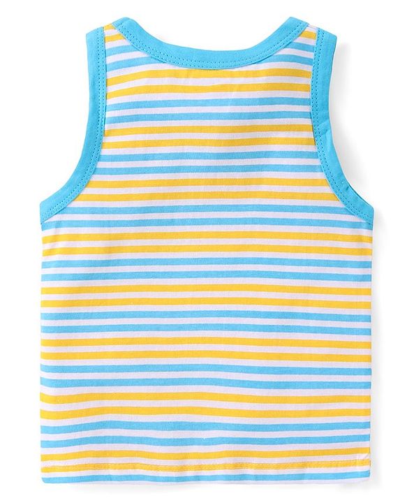 Babyhug 100% Cotton Single Jersey Knit Sleeveless Sandos with Stripes & Dino Print Pack of 3 - Yellow & Blue