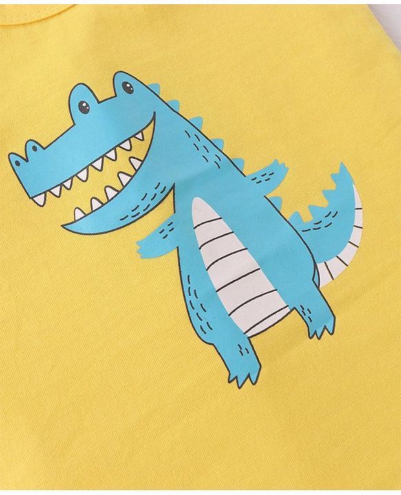 Babyhug 100% Cotton Single Jersey Knit Sleeveless Sandos with Stripes & Dino Print Pack of 3 - Yellow & Blue