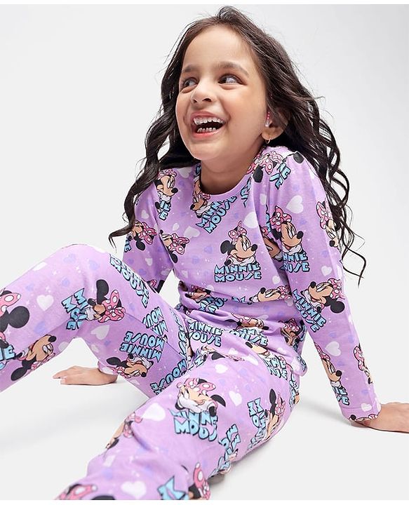 Babyhug Disney Single Jersey Knit Full Sleeves Night Suit with Minnie Mouse Print - Purple