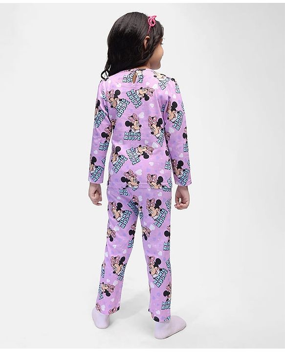 Babyhug Disney Single Jersey Knit Full Sleeves Night Suit with Minnie Mouse Print - Purple