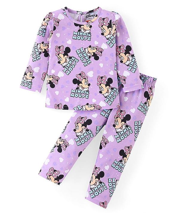 Babyhug Disney Single Jersey Knit Full Sleeves Night Suit with Minnie Mouse Print - Purple