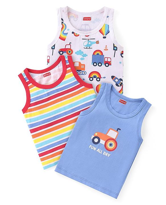 Babyhug 100% Cotton Single Jersey Knit Sleeveless Sandos with Stripes & Vehicle Print Pack of 3 - White & Blue