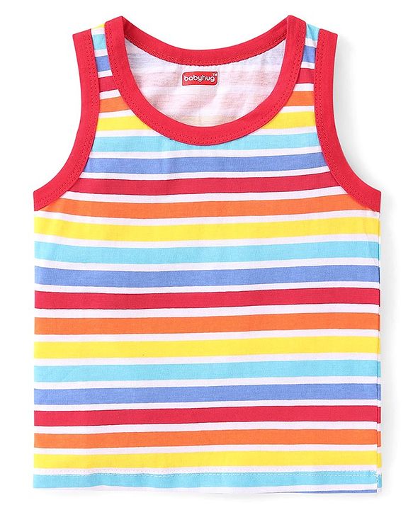 Babyhug 100% Cotton Single Jersey Knit Sleeveless Sandos with Stripes & Vehicle Print Pack of 3 - White & Blue