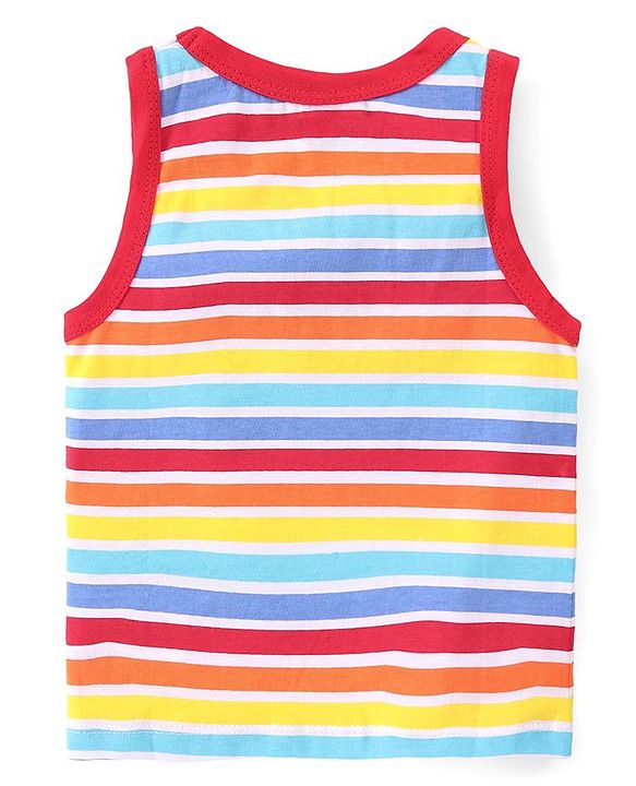 Babyhug 100% Cotton Single Jersey Knit Sleeveless Sandos with Stripes & Vehicle Print Pack of 3 - White & Blue