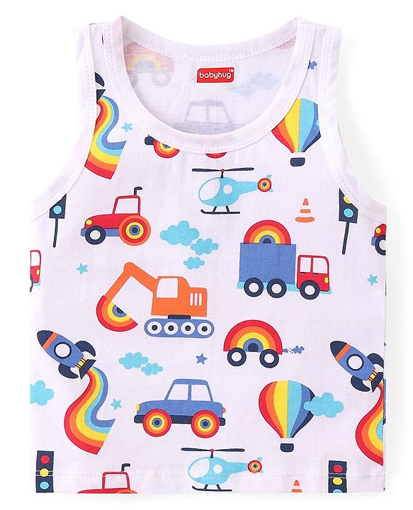 Babyhug 100% Cotton Single Jersey Knit Sleeveless Sandos with Stripes & Vehicle Print Pack of 3 - White & Blue