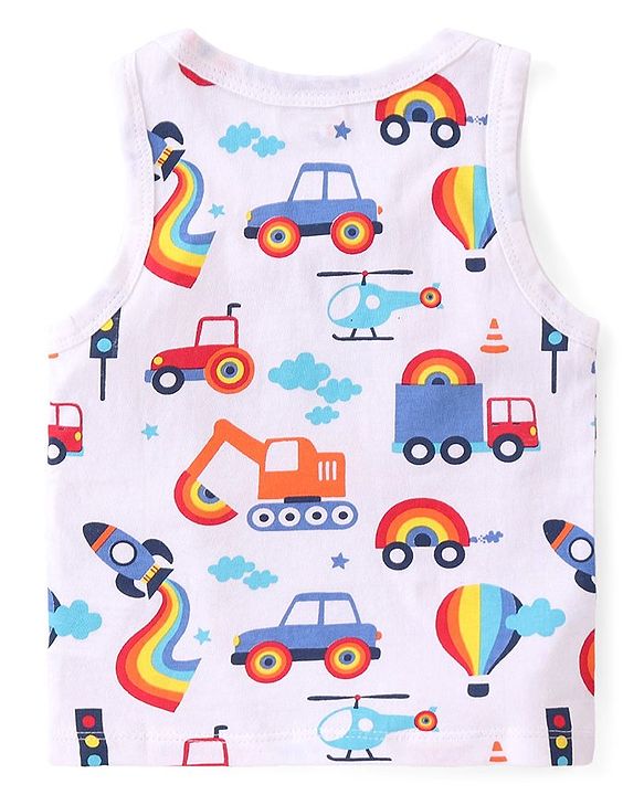 Babyhug 100% Cotton Single Jersey Knit Sleeveless Sandos with Stripes & Vehicle Print Pack of 3 - White & Blue