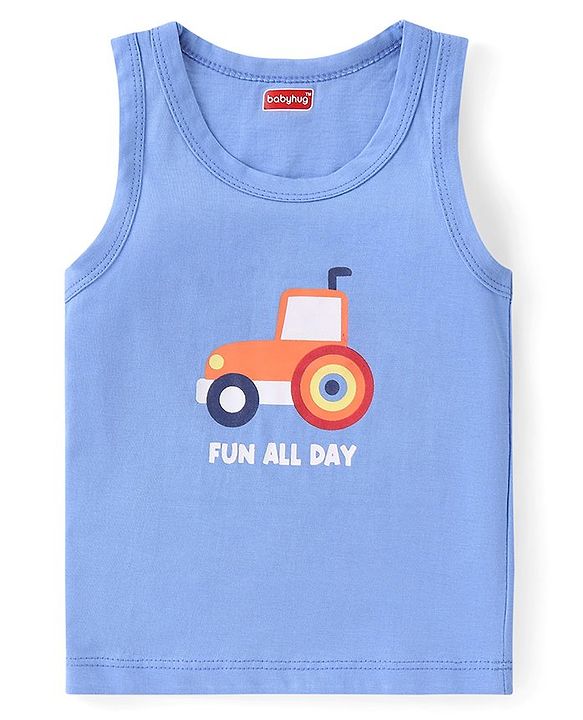 Babyhug 100% Cotton Single Jersey Knit Sleeveless Sandos with Stripes & Vehicle Print Pack of 3 - White & Blue