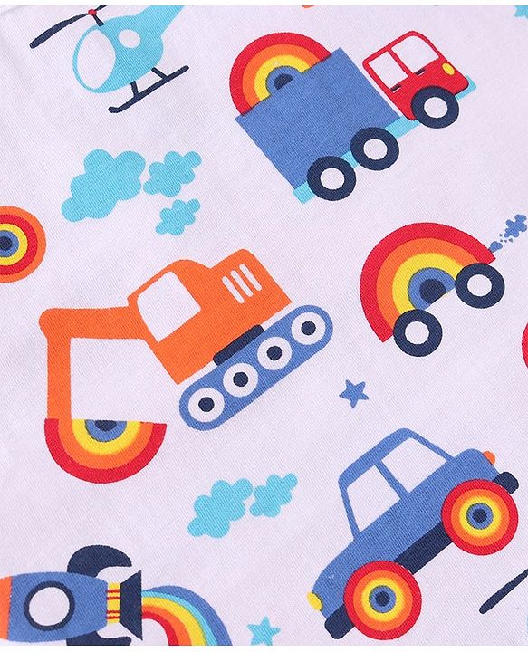 Babyhug 100% Cotton Single Jersey Knit Sleeveless Sandos with Stripes & Vehicle Print Pack of 3 - White & Blue