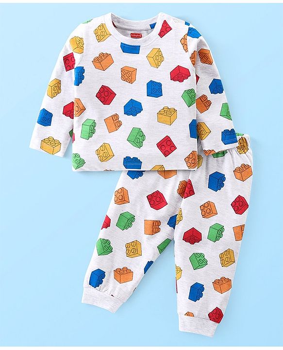 Babyhug Cotton Knit Full Sleeves Night Suit With Building Blocks Print - Light Grey