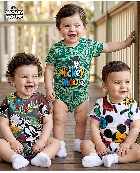 Babyhug Disney Interlock Knit Half Sleeves Mickey Mouse Graphics Onesies Pack of 3 - Green White & Grey