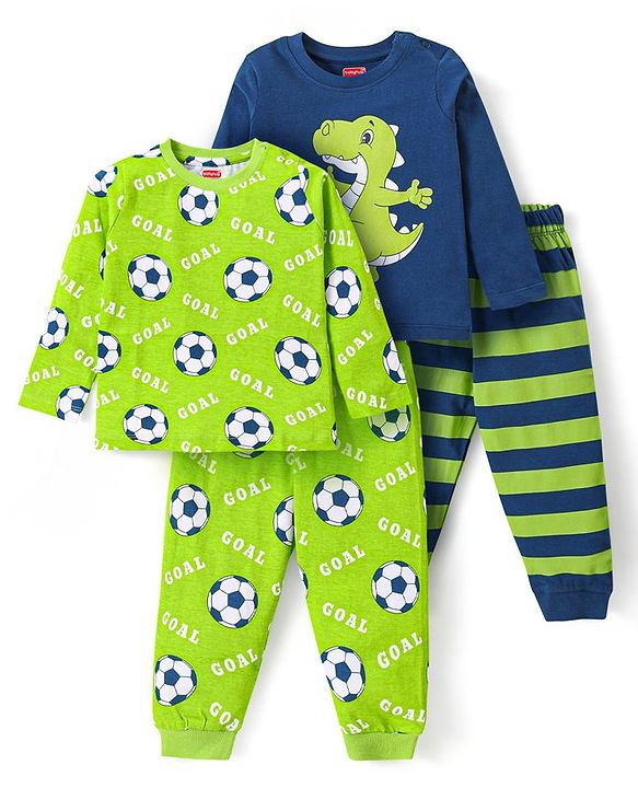 Babyhug Cotton Knit Full Sleeves Night Suits With Football & Dino Print Pack Of 2 - Green & Blue