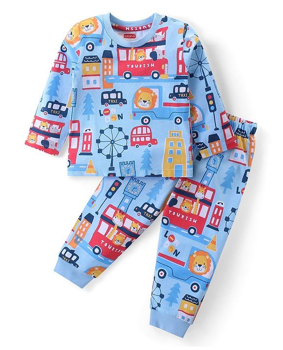 Babyhug Cotton Knit Full Sleeves Night Suit With London City Theme Print - Blue