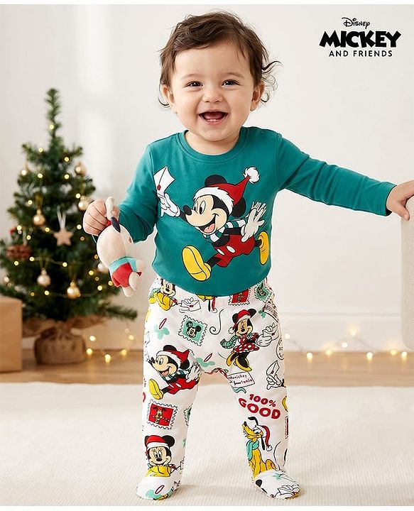 Babyhug Disney Lycra Knit Full Sleeves Onesie with Footed Lounge Pant & Mickey Mouse Graphics - Green & White