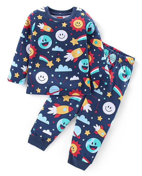 Babyhug Cotton Knit Full Sleeves Night Suit Teddy Print - Navy Blue & Yellow