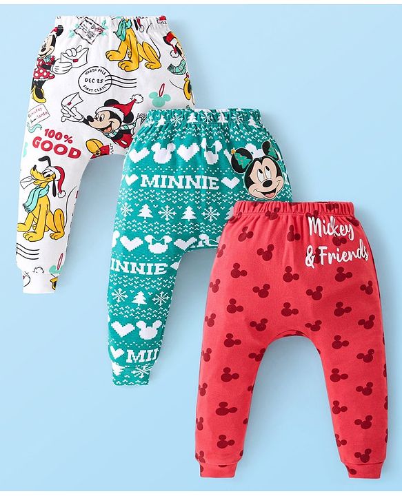 Babyhug Disney 100% Cotton Knit Diaper Leggings with Mickey Mouse & Friends Graphics Pack of 3- Red White & Green