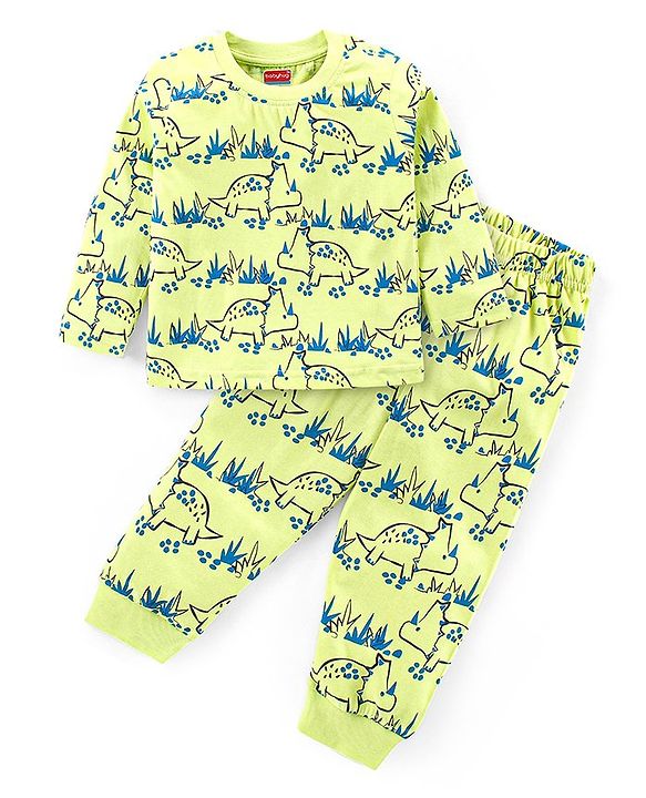 Babyhug Cotton Knit Full Sleeves Night Suit With Dino Print - Green