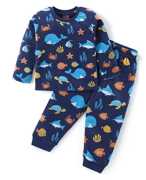Babyhug Cotton Knit Full Sleeves Night Suit With Sea Life Print - Navy