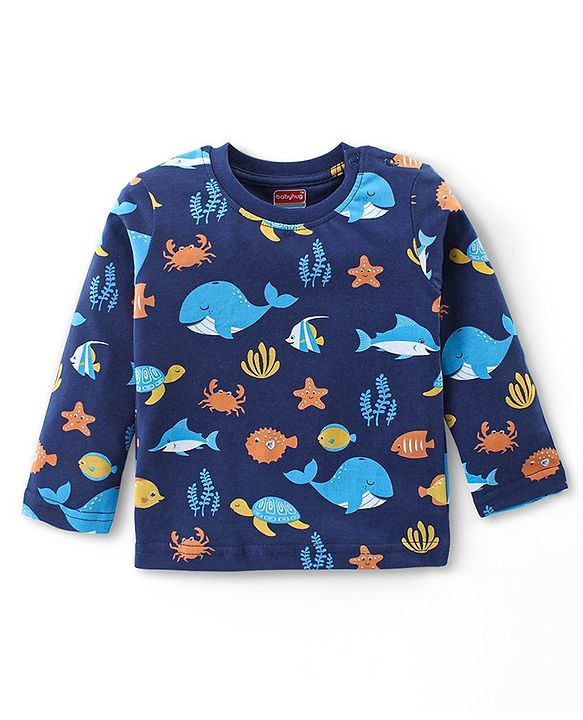 Babyhug Cotton Knit Full Sleeves Night Suit With Sea Life Print - Navy