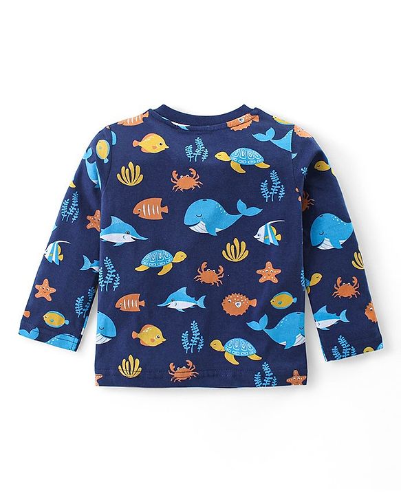 Babyhug Cotton Knit Full Sleeves Night Suit With Sea Life Print - Navy