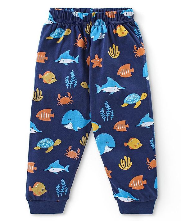 Babyhug Cotton Knit Full Sleeves Night Suit With Sea Life Print - Navy