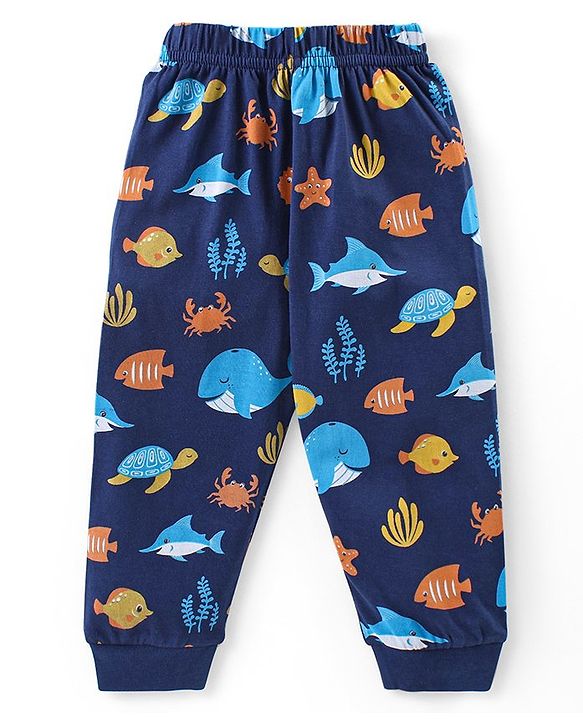 Babyhug Cotton Knit Full Sleeves Night Suit With Sea Life Print - Navy