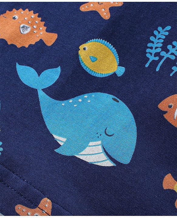 Babyhug Cotton Knit Full Sleeves Night Suit With Sea Life Print - Navy