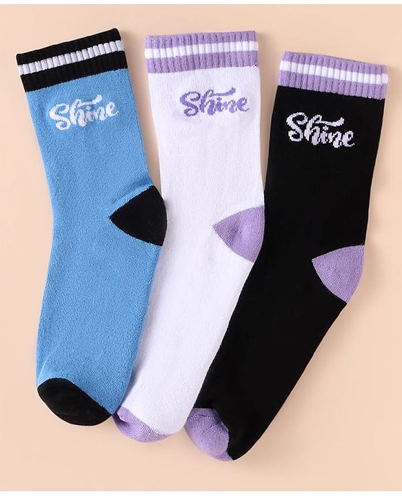 Pine Kids Cotton Knit Socks With Logo Design Pack of 3 - Black White & Light Blue