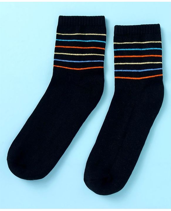 Pine Kids Cotton Nylon Knit Ankle Length Socks Stripes Text Embroidery & Smile Design Pack of 3 - Black & Gray