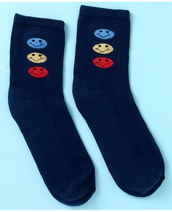 Pine Kids Cotton Nylon Knit Ankle Length Socks Stripes Text Embroidery & Smile Design Pack of 3 - Black & Gray
