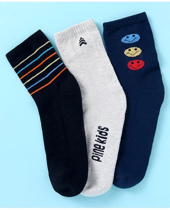 Pine Kids Cotton Nylon Knit Ankle Length Socks Stripes Text Embroidery & Smile Design Pack of 3 - Black & Gray
