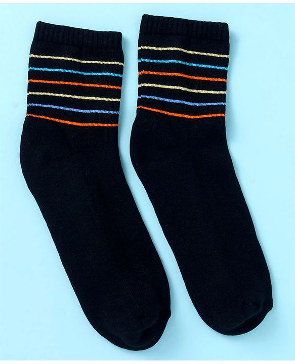 Pine Kids Cotton Nylon Knit Ankle Length Socks Stripes Text Embroidery & Smile Design Pack of 3 - Black & Gray
