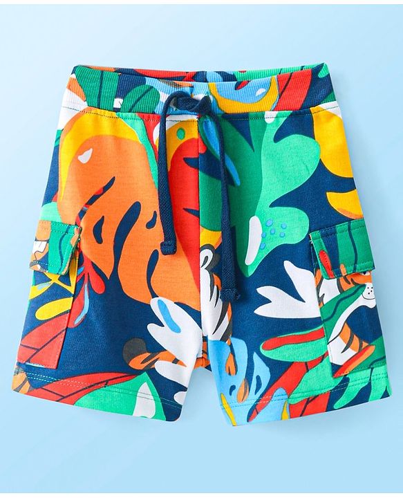 Babyhug Cotton Looper Knit Shorts with Tropical Print - Multicolour