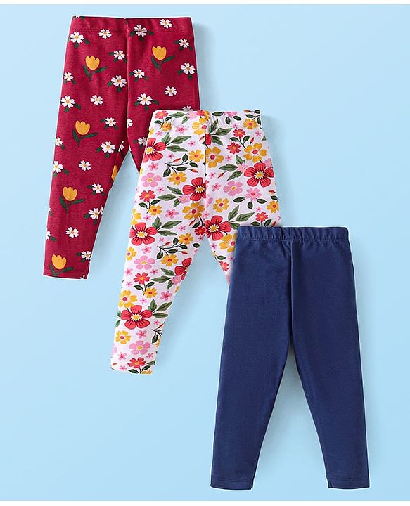 Babyhug Cotton Elastane Lycra Knit Full Length Leggings with Floral Print Pack of 3 - Red White & Blue