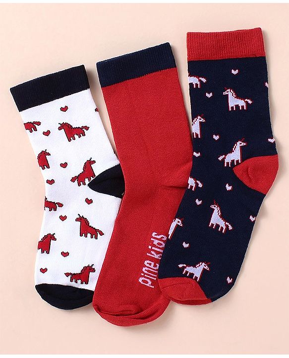 Pine Kids Knit Ankle Length Silvadur Antimicrobial Unicorn Designed Socks Pack Of 3 ( Color May Vary )