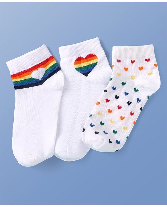 Pine Kids Knit Ankle Length Socks with Heart & Rainbow Design Pack of 3 (Color May Vary)
