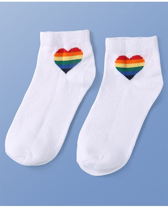 Pine Kids Knit Ankle Length Socks with Heart & Rainbow Design Pack of 3 (Color May Vary)