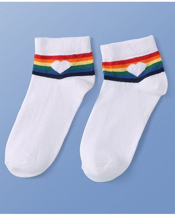 Pine Kids Knit Ankle Length Socks with Heart & Rainbow Design Pack of 3 (Color May Vary)