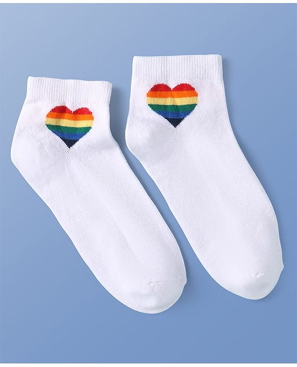 Pine Kids Knit Ankle Length Socks with Heart & Rainbow Design Pack of 3 (Color May Vary)