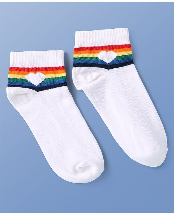 Pine Kids Knit Ankle Length Socks with Heart & Rainbow Design Pack of 3 (Color May Vary)