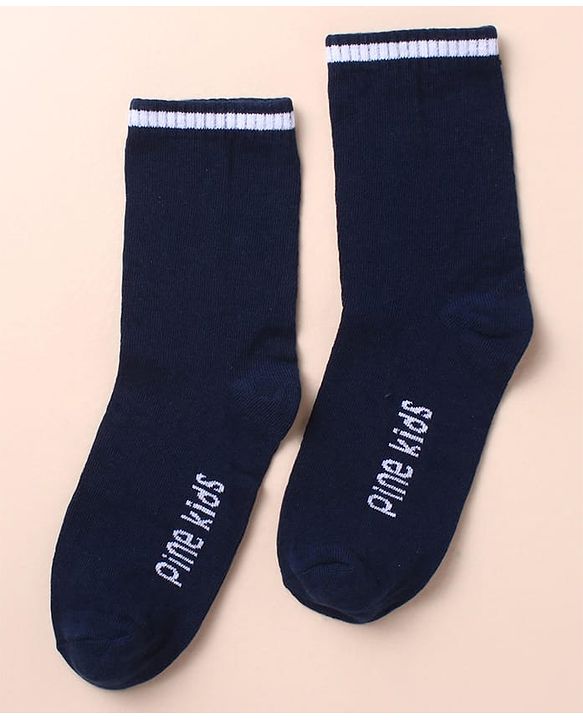 Pine Kids Cotton Knit Socks with Strips Star & Text Print Pack of 3 - Navy Blue White & Red